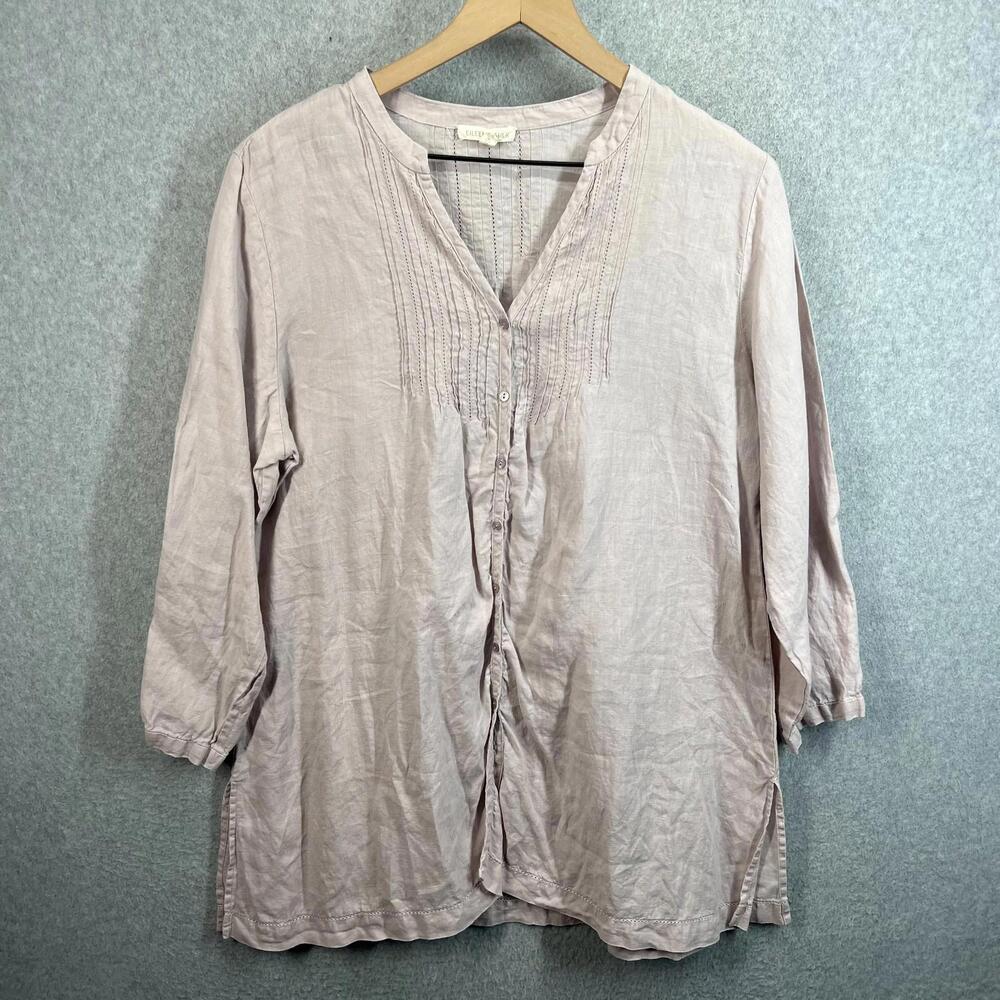 Eileen Fisher Womens L Blush Pink Irish‎ Linen Tunic Top Button Up Lagenlook EUC